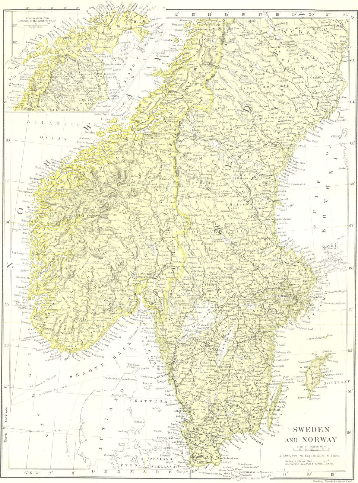 SCANDINAVIA. Norway & Sweden. STANFORD 1890 old antique vintage map plan chart